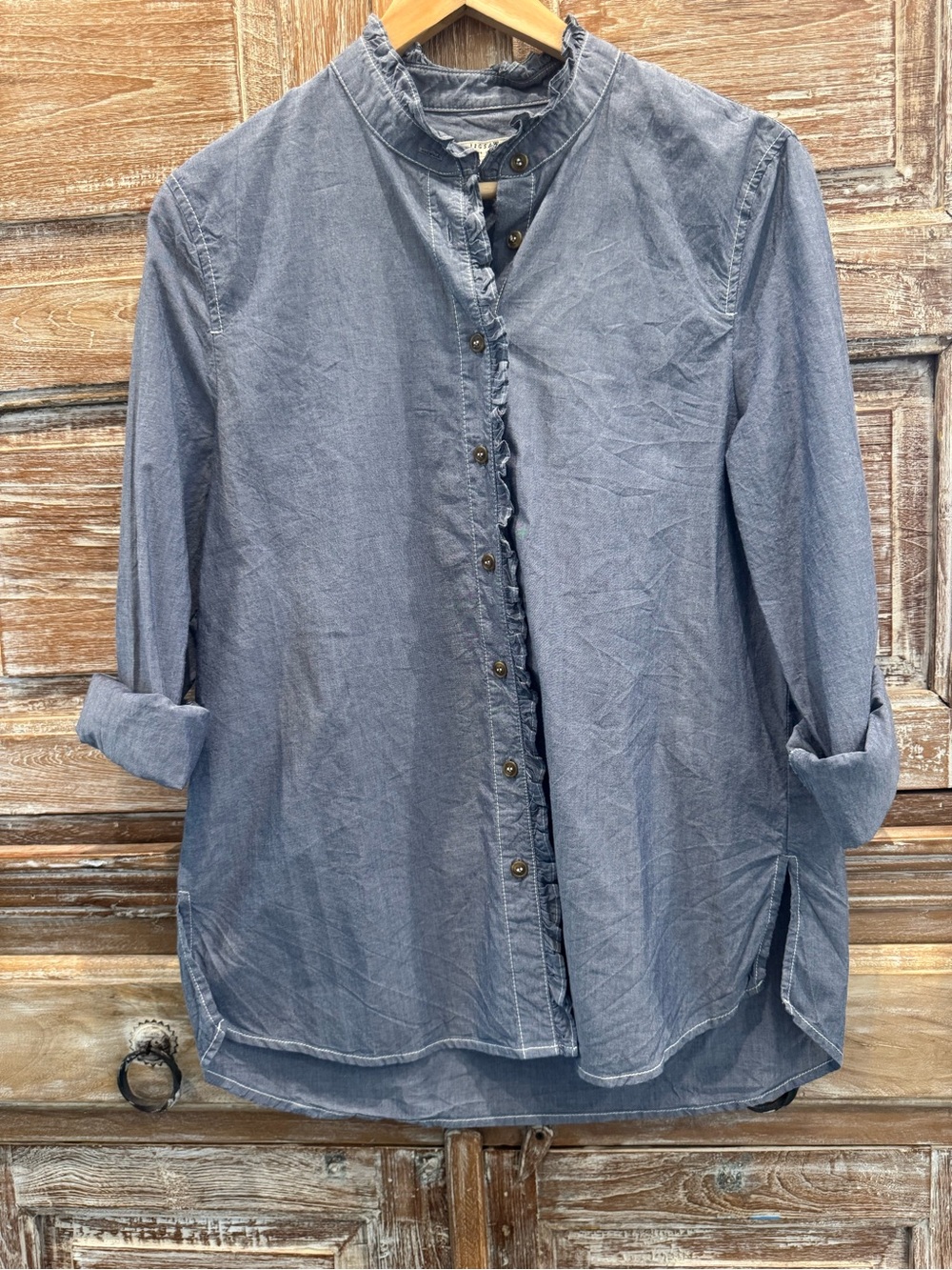 Jigsaw Chambray Ruffled Button-Up Shirt - Washed Blue Classic Old Money